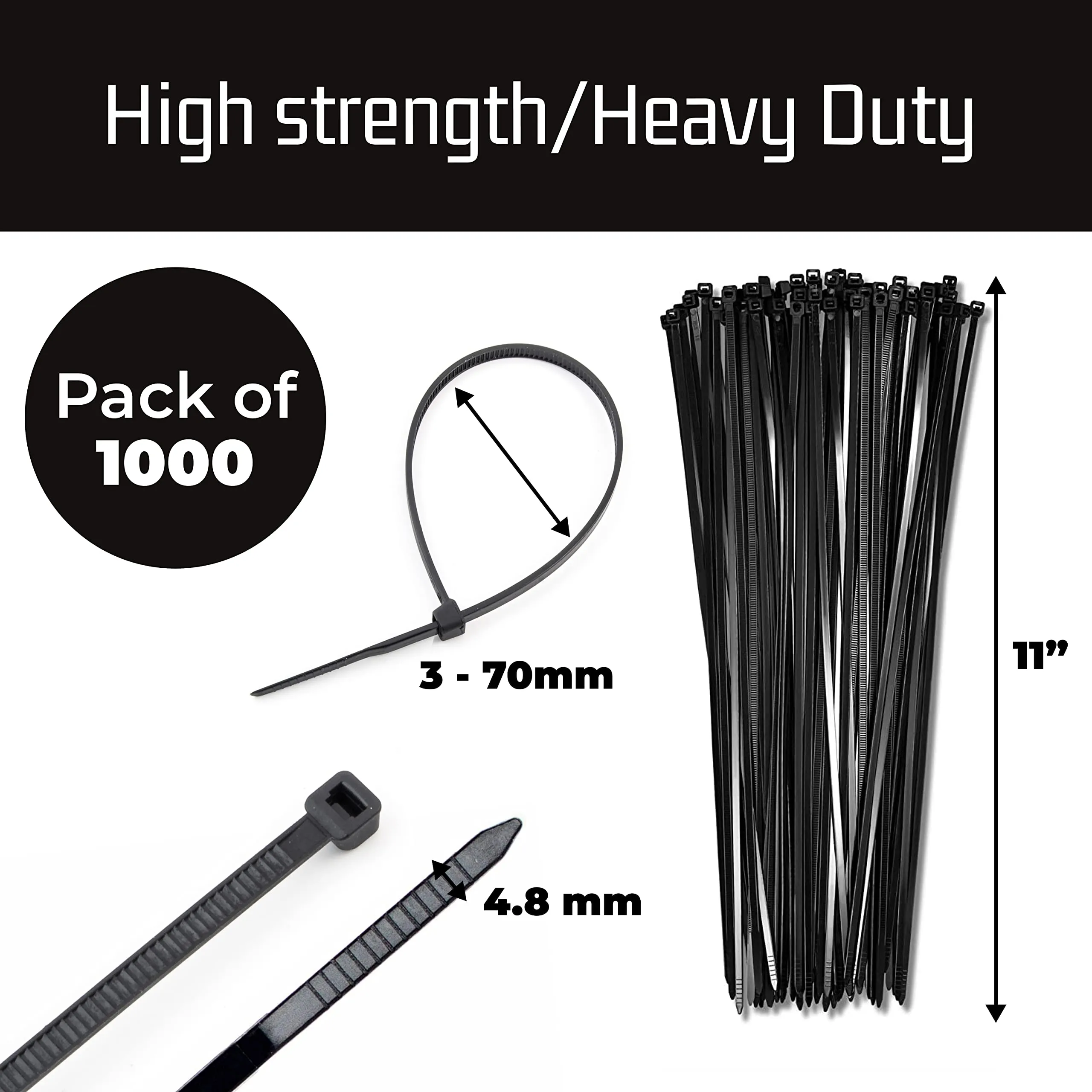 11" Black Zip Cable Ties (1000 Pack), 50lbs Tensile Strength - Heavy Duty, Self-Locking