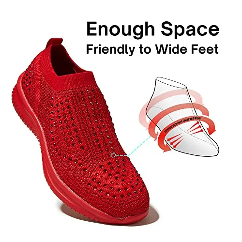 BELOS Women's Rhinestone Slip On Walking Shoes Breathable Mesh Knit Sock Shoes Fashion Comfortable Sparkly Sneaker(Red,7)