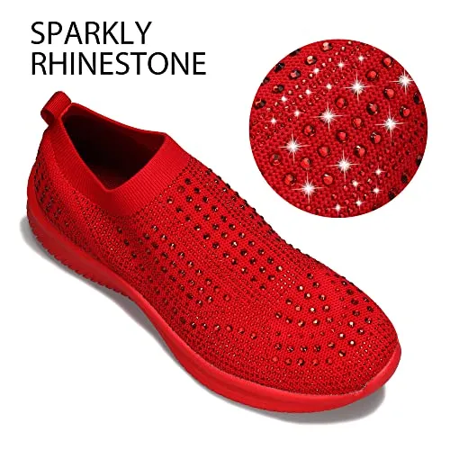 BELOS Women's Rhinestone Slip On Walking Shoes Breathable Mesh Knit Sock Shoes Fashion Comfortable Sparkly Sneaker(Red,7)