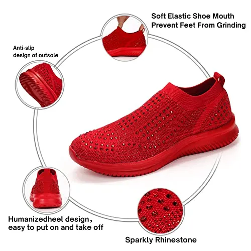 BELOS Women's Rhinestone Slip On Walking Shoes Breathable Mesh Knit Sock Shoes Fashion Comfortable Sparkly Sneaker(Red,7)