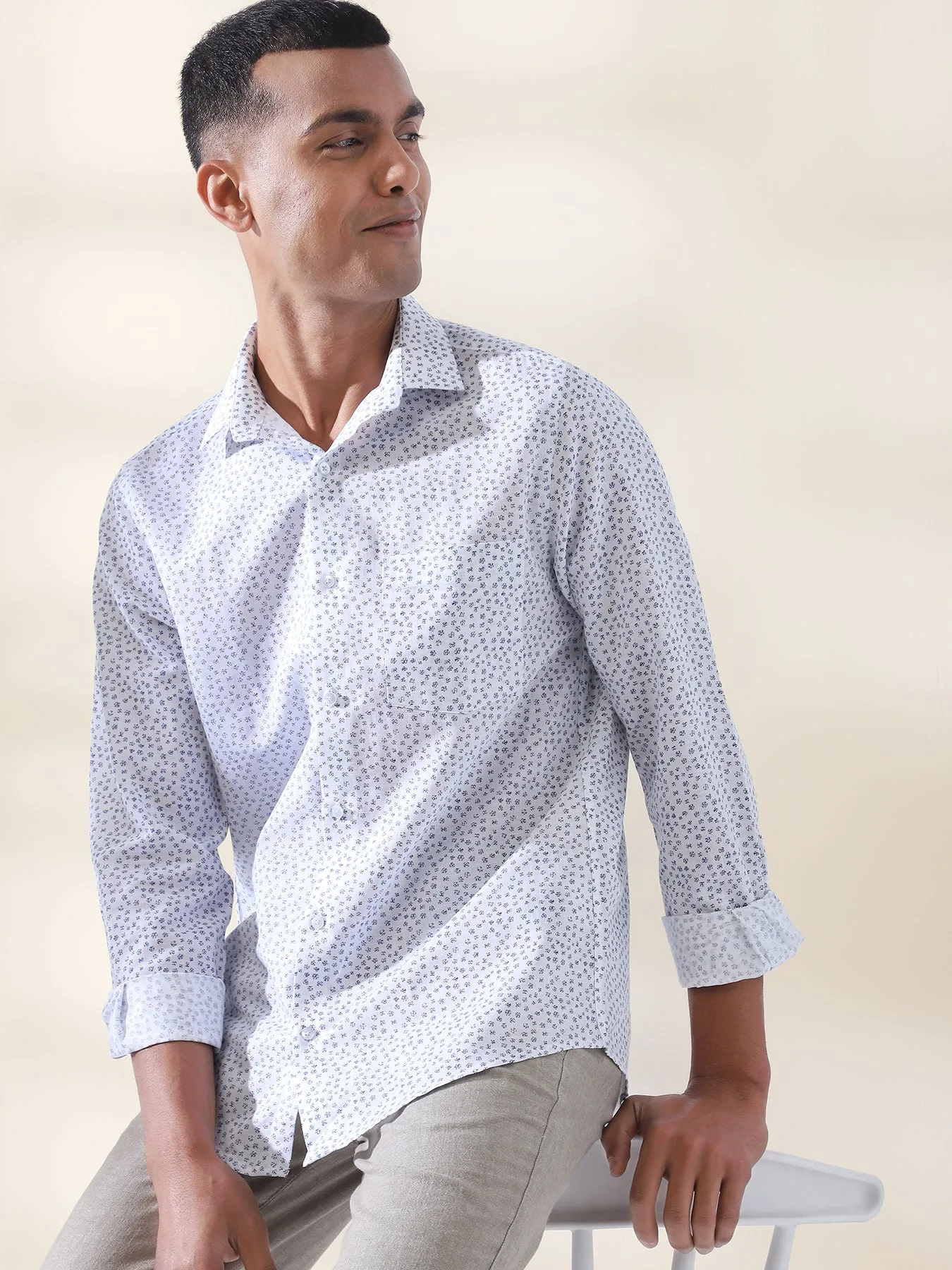 Cotton Linen White Printed Full Sleeve Formal Shirt