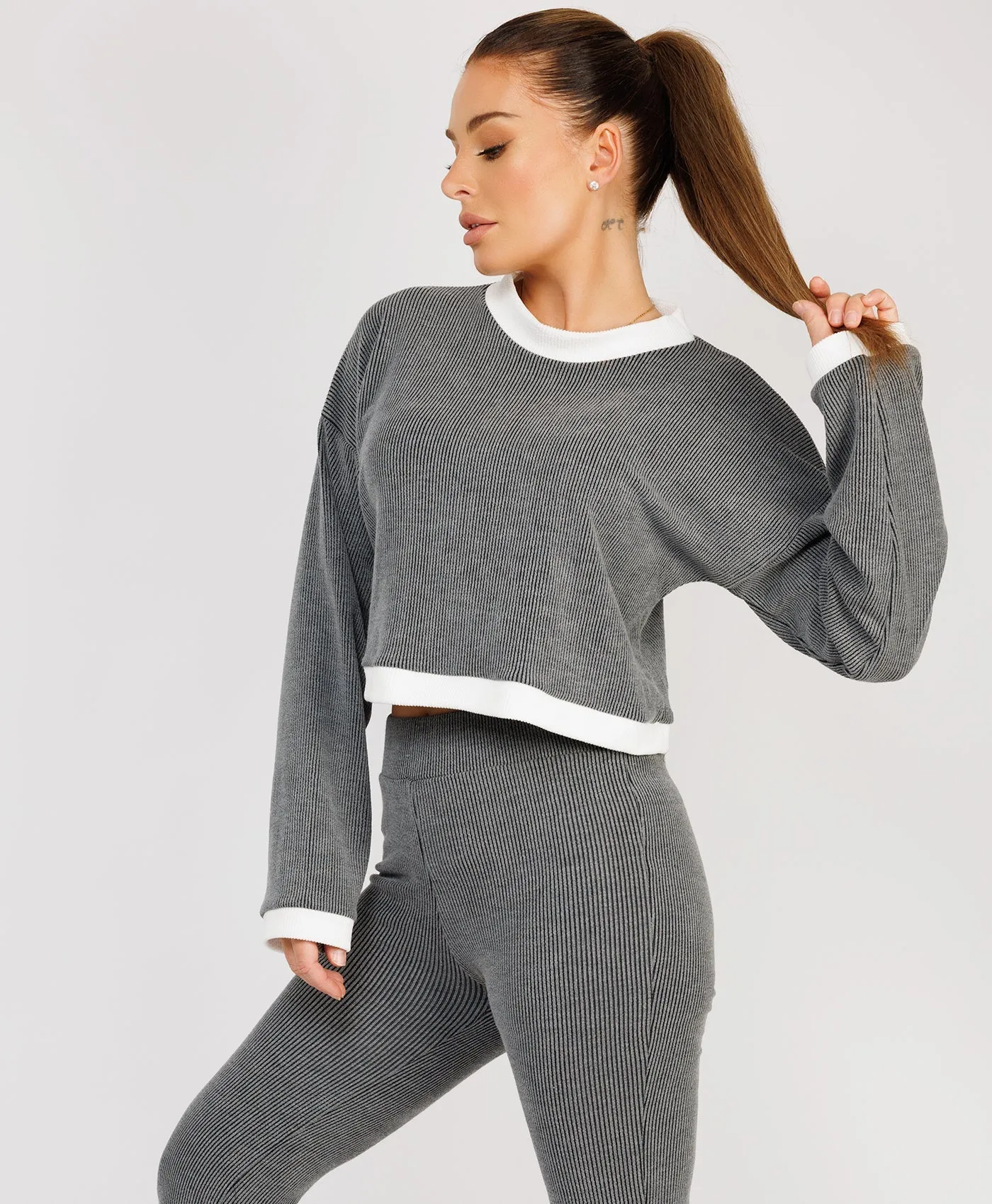 Grey Contrast Stripe Jumper & Split Detail Trousers Loungewear Set