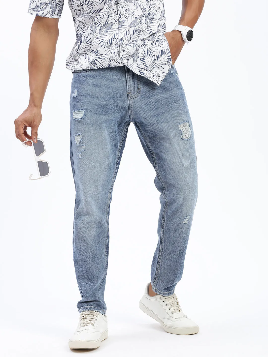 Men Blue Regular Fit Cropped Jeans