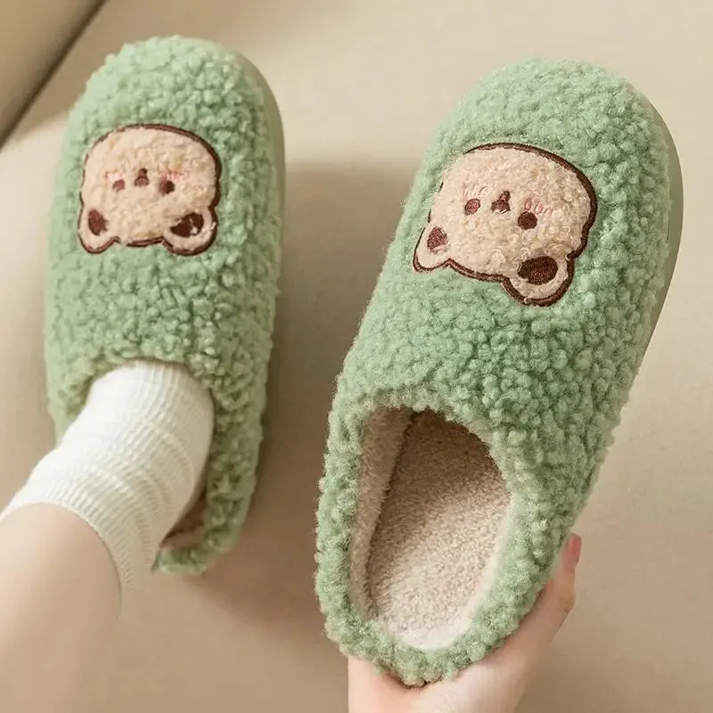 WDZKN Fashion Winter Women Home Slippers Cute Cartoon Flat Non-Slip Furry Fur Warm Slippers Ladies Indoor Bedroom Cotton Shoes