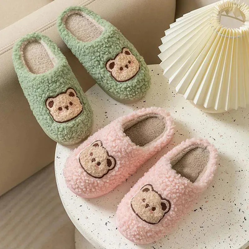 WDZKN Fashion Winter Women Home Slippers Cute Cartoon Flat Non-Slip Furry Fur Warm Slippers Ladies Indoor Bedroom Cotton Shoes