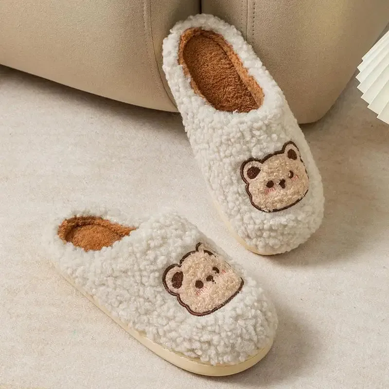 WDZKN Fashion Winter Women Home Slippers Cute Cartoon Flat Non-Slip Furry Fur Warm Slippers Ladies Indoor Bedroom Cotton Shoes