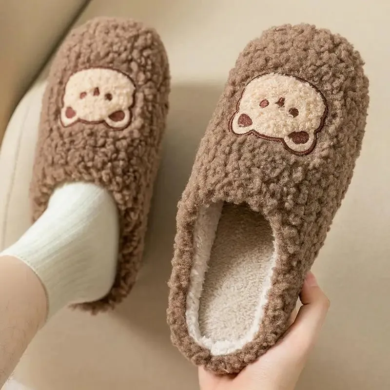 WDZKN Fashion Winter Women Home Slippers Cute Cartoon Flat Non-Slip Furry Fur Warm Slippers Ladies Indoor Bedroom Cotton Shoes