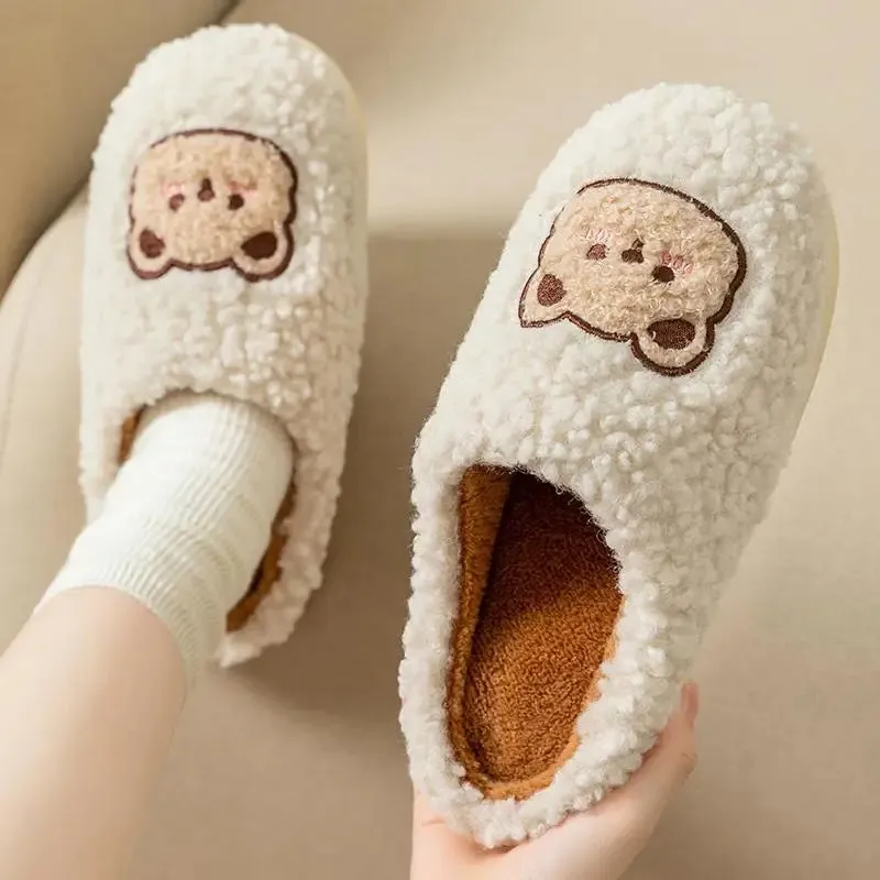 WDZKN Fashion Winter Women Home Slippers Cute Cartoon Flat Non-Slip Furry Fur Warm Slippers Ladies Indoor Bedroom Cotton Shoes