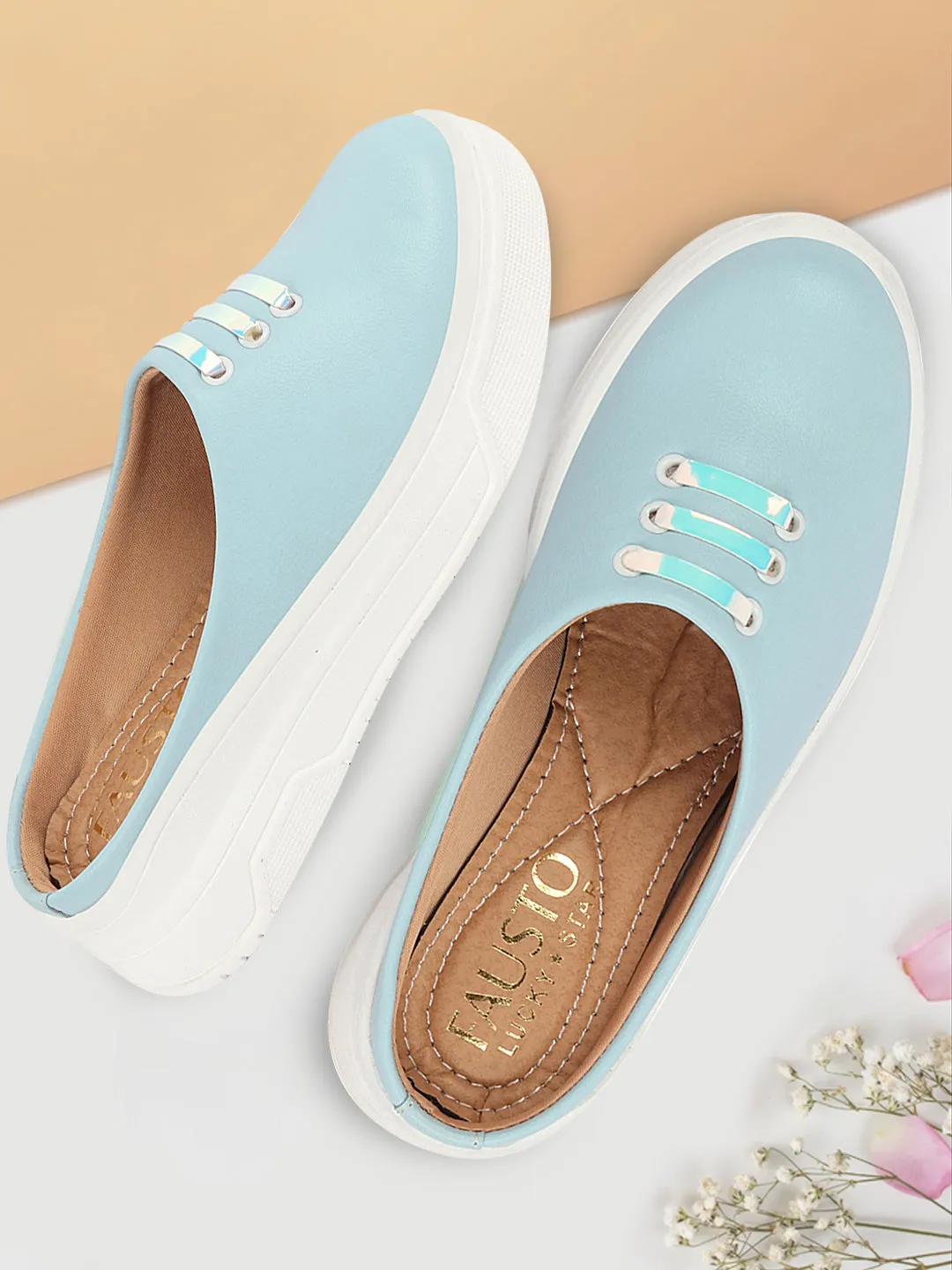 Women Sky Blue Outdoor Fashion Comfort Lace Design Open Back Platform Heel Slip On Casual Shoes