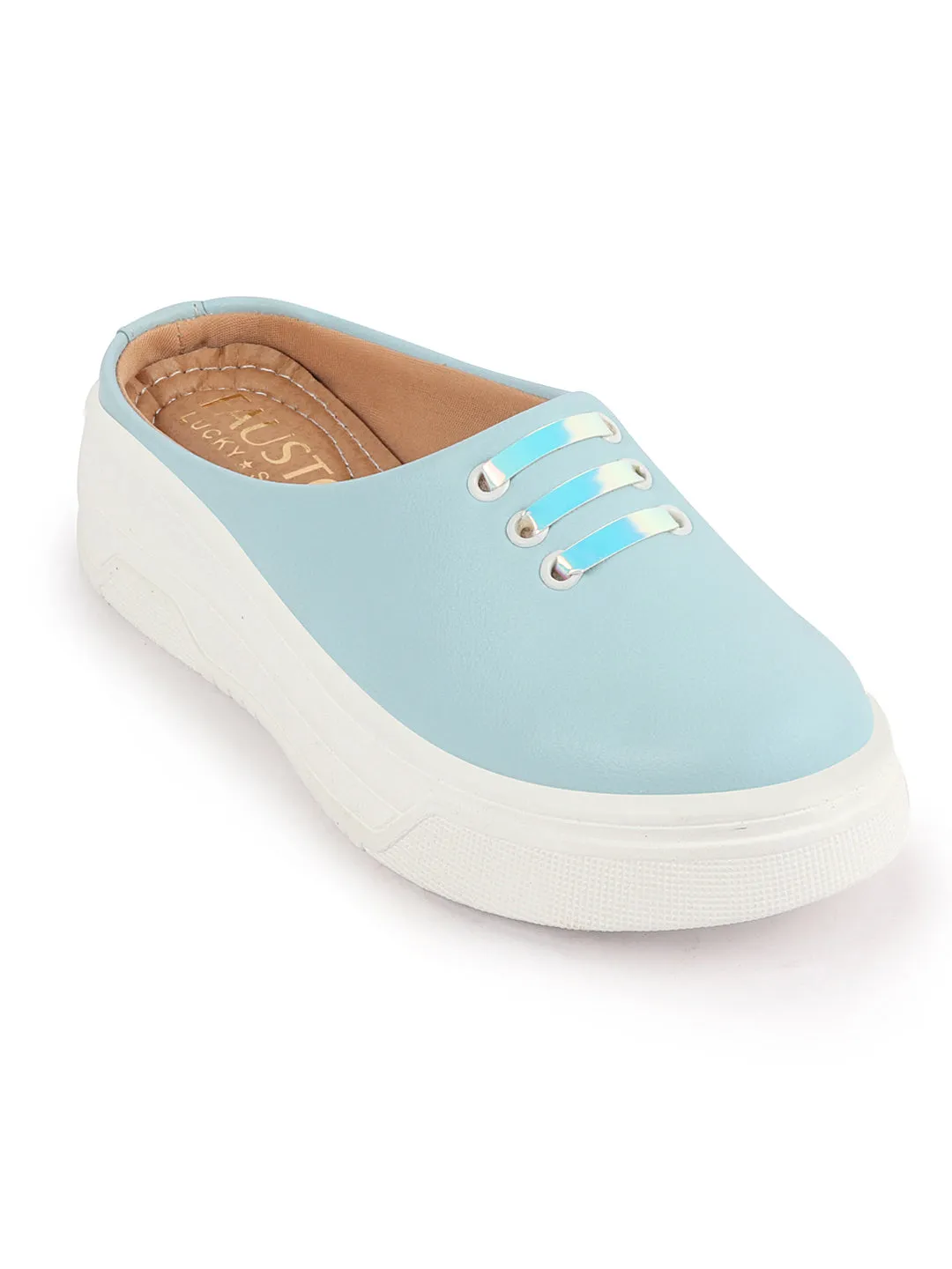 Women Sky Blue Outdoor Fashion Comfort Lace Design Open Back Platform Heel Slip On Casual Shoes